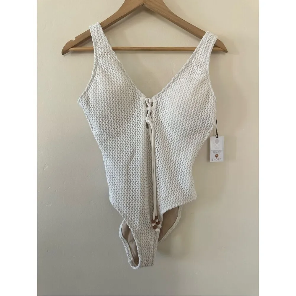 Shade and Shore Lace Up Crochet One Piece Swimsuit Size Small New
